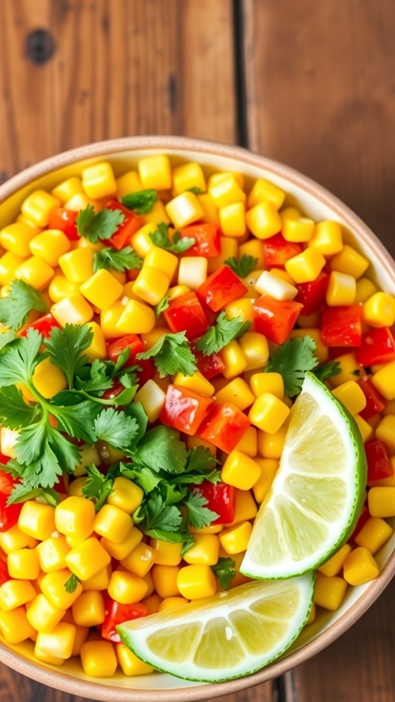 Quick Mexican Corn Salad Recipe A vibrant Mexican corn salad with corn, bell peppers, and cilantro in a bowl, garnished with lime.